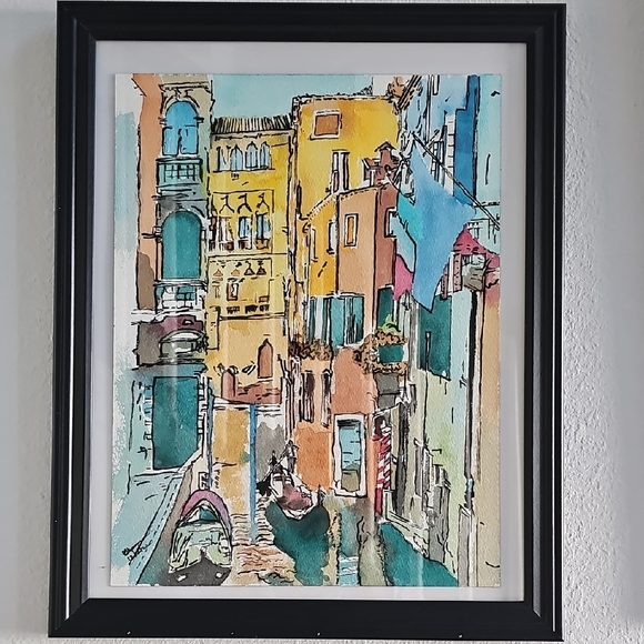 Yellow and Blue Abstract Venetian Canal Painting